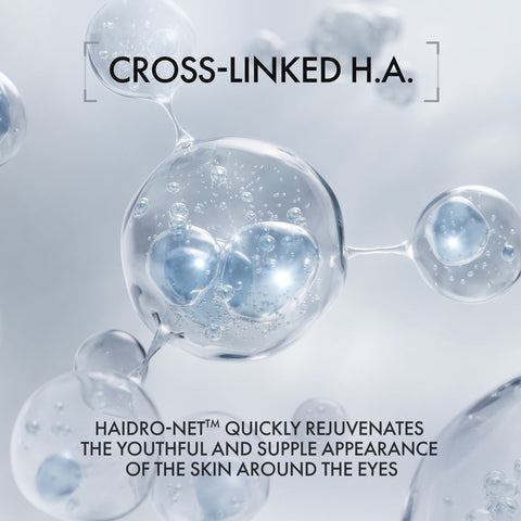 Illustration of cross-linked H.A. molecules with text about skin rejuvenation.