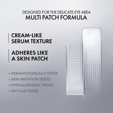 Eye patch product with text highlighting features on a gray background