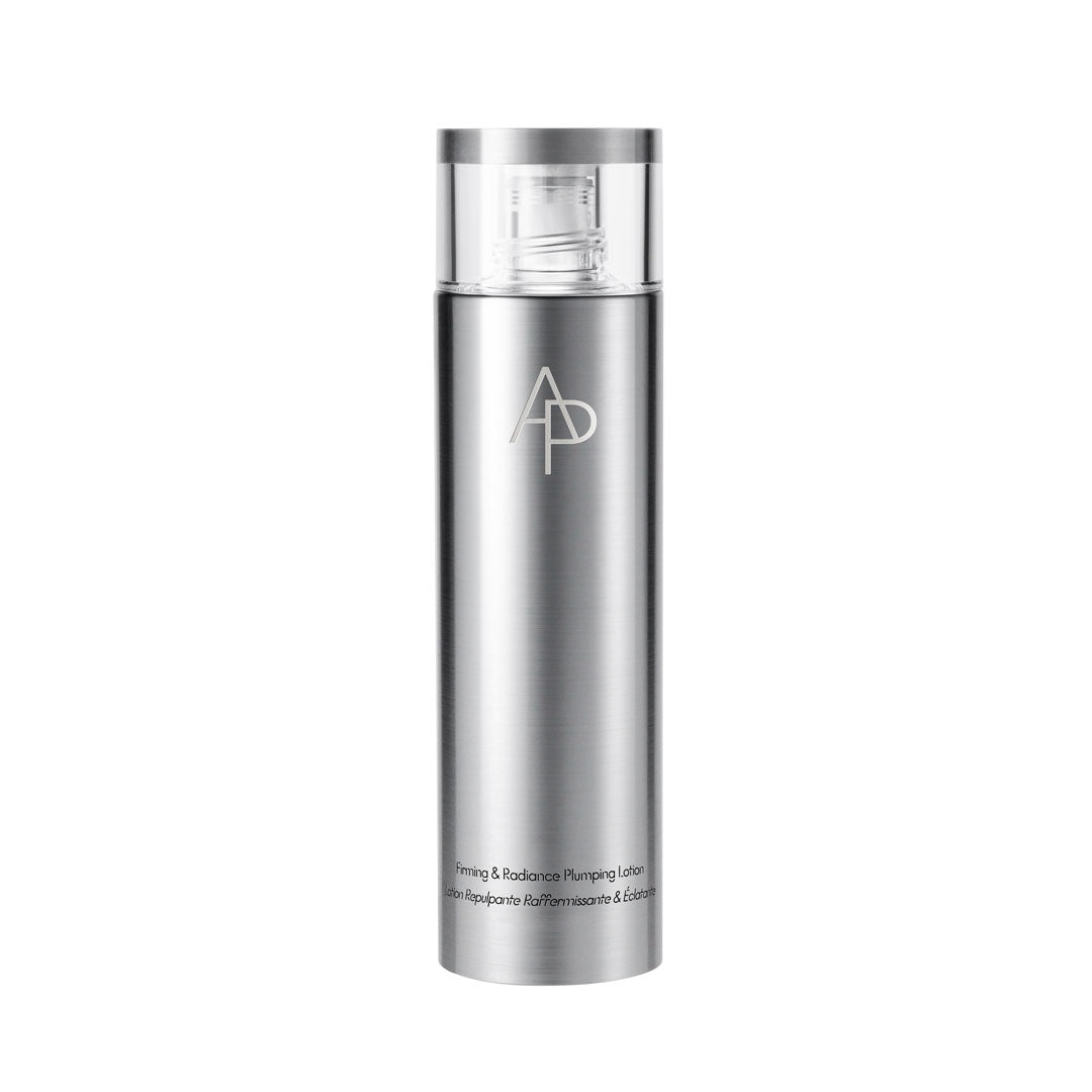 Silver skincare bottle with brand logo on a white background