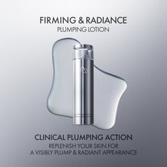 Skincare lotion bottle with plumping action text on a gray background