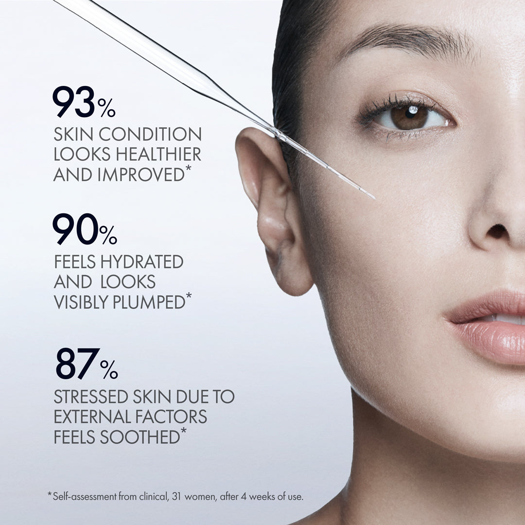 Advertisement showing a close-up of a woman's face with skincare benefits text overlay.