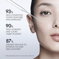 Advertisement showing a close-up of a woman's face with skincare benefits text overlay.