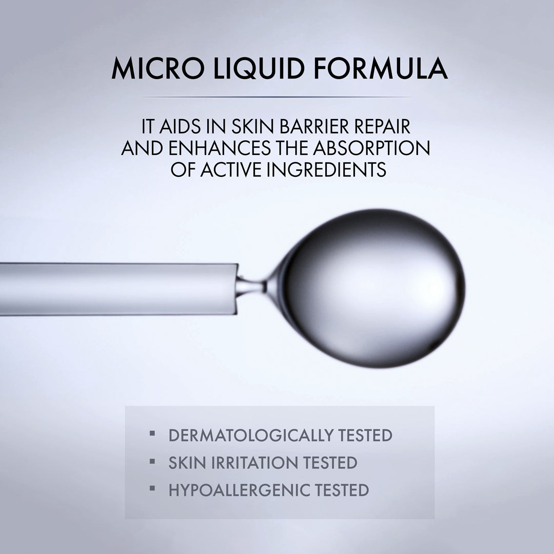 Spoon with micro liquid formula and text about skin barrier repair on a gray background