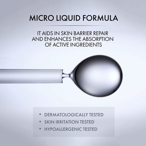 Spoon with micro liquid formula and text about skin barrier repair on a gray background