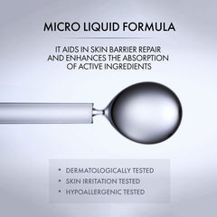 Spoon with micro liquid formula and text about skin barrier repair on a gray background