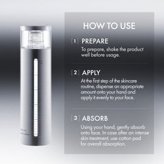 Skincare product with usage instructions on a gray background