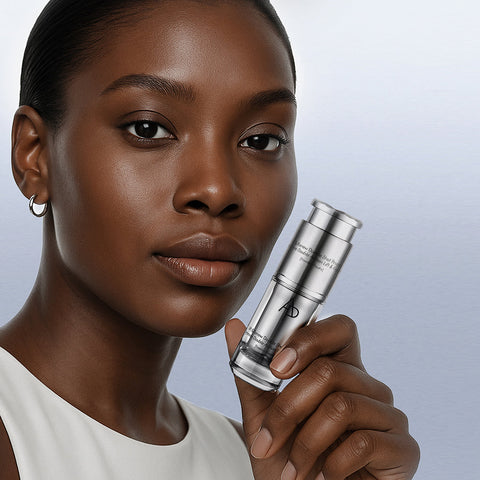 Woman holding a skincare product against a neutral background