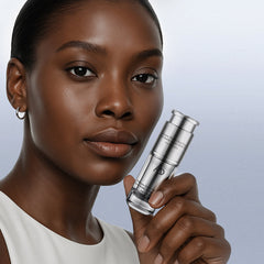 Woman holding a skincare product against a neutral background