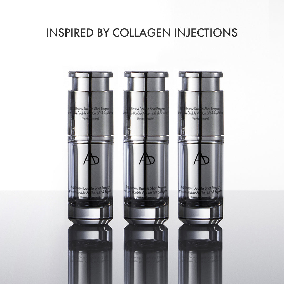 Three silver skincare bottles with a reflective surface on a white background, labeled 'Inspired by Collagen Injections'.