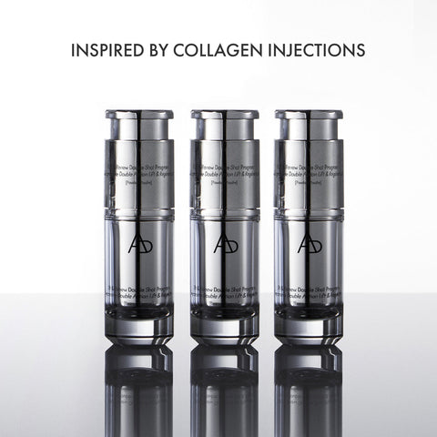 Three silver skincare bottles with a reflective surface on a white background, labeled 'Inspired by Collagen Injections'.