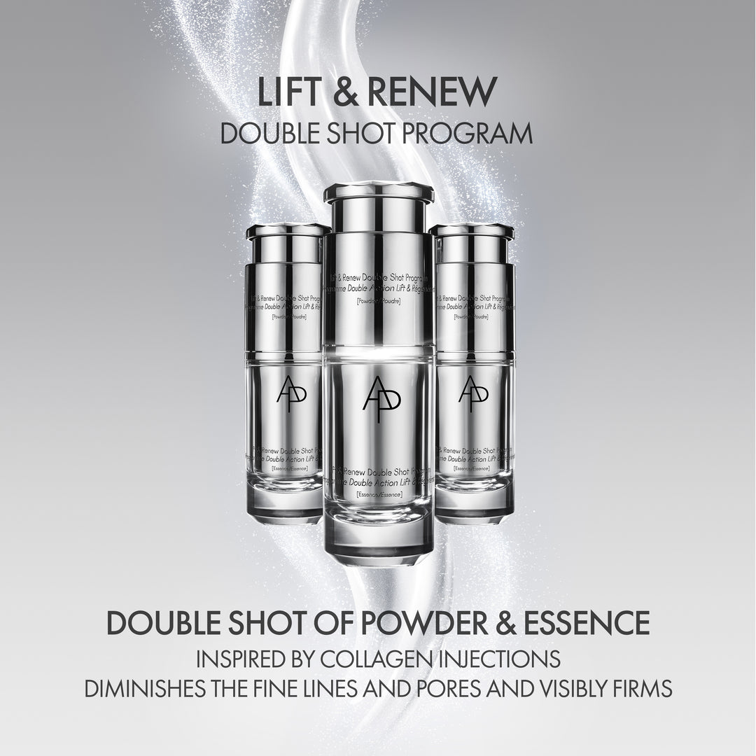 Three skincare bottles labeled 'AD' with promotional text on a gray background