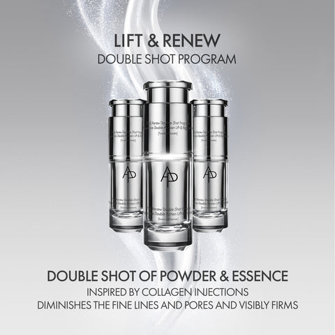 Three skincare bottles labeled 'AD' with promotional text on a gray background