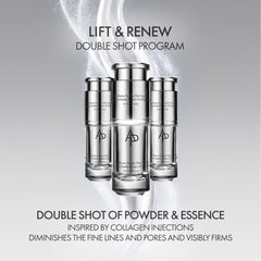 Three skincare bottles labeled 'AD' with promotional text on a gray background