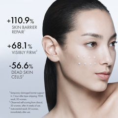 Woman's face with skincare benefits displayed on a light gray background