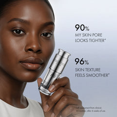Woman holding a skincare product with text on skin improvement percentages.
