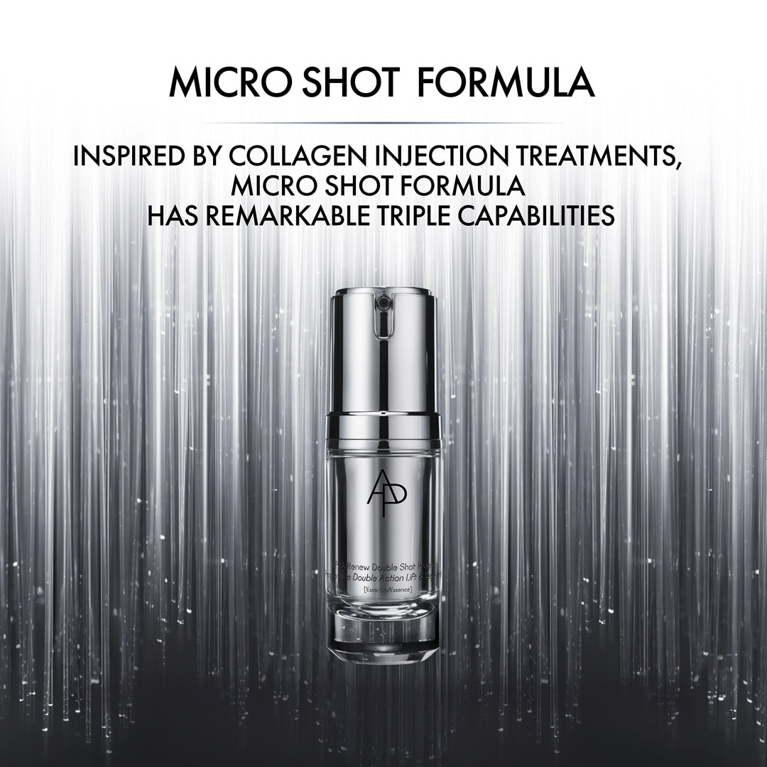 Skincare serum bottle with 'AD' branding on a black and gray striped background, featuring text about the Micro Shot Formula.