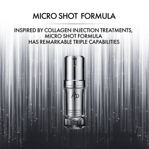 Skincare serum bottle with 'AD' branding on a black and gray striped background, featuring text about the Micro Shot Formula.