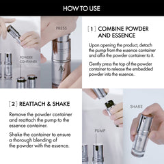 Instructions on how to use a skincare product with powder and essence containers.