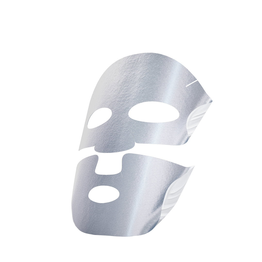 Two silver facial masks on a white background