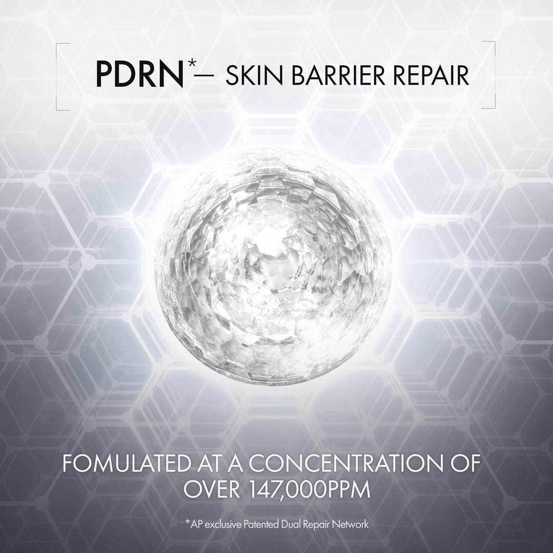 Advertisement for PDRN skin barrier repair with a hexagonal pattern background