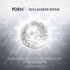 Advertisement for PDRN skin barrier repair with a hexagonal pattern background