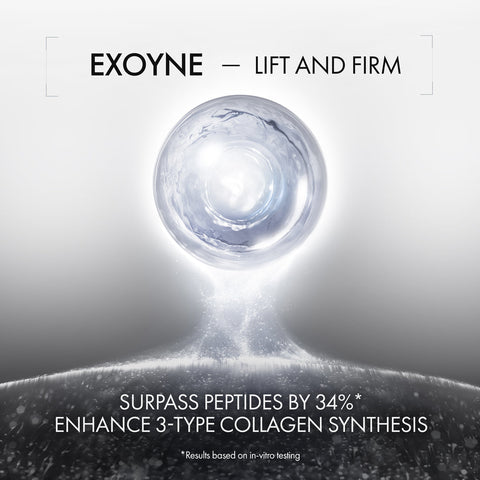 Exoyne skincare product with text about lift and firm effects on a gray background