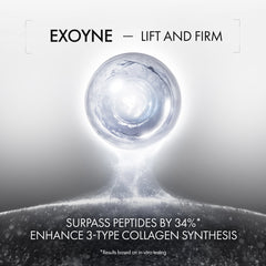 Exoyne skincare product with text about lift and firm effects on a gray background