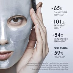 Woman wearing a silver facial mask with text highlighting skincare benefits on a white background