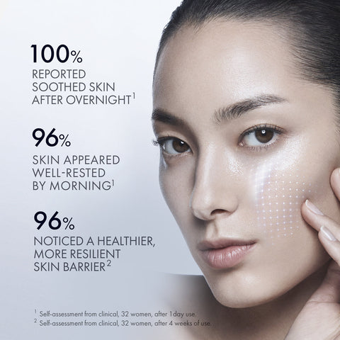 Woman with smooth skin and text highlighting skincare product benefits