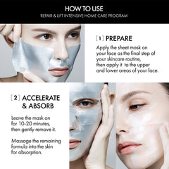 Instructions on how to use a sheet mask with a woman applying it to her face.