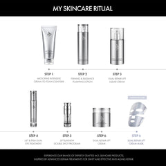 Skincare product lineup with step-by-step instructions on a white background