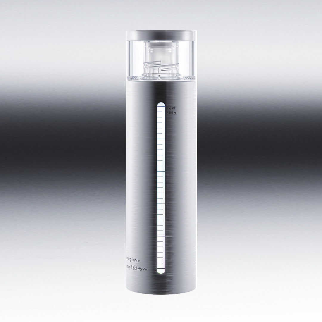 Silver skincare bottle with gradient background
