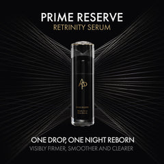 Prime Reserve Retrinity Serum bottle on a black background with gold accents