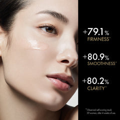 Close-up of a woman's face with text indicating skin improvement percentages.
