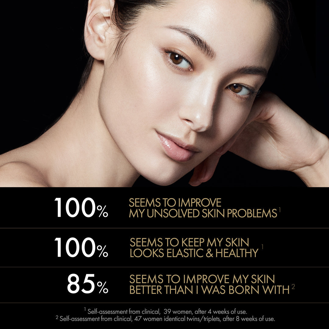 Woman with a close-up of her face, showcasing skin improvement claims.