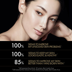 Woman with a close-up of her face, showcasing skin improvement claims.