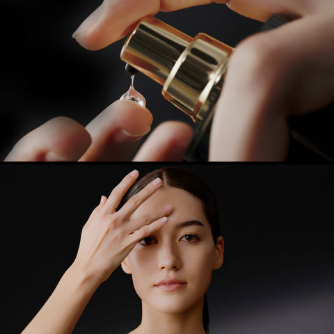 Close-up of a gold dropper bottle with a drop of liquid, followed by a person holding their hand to their face.