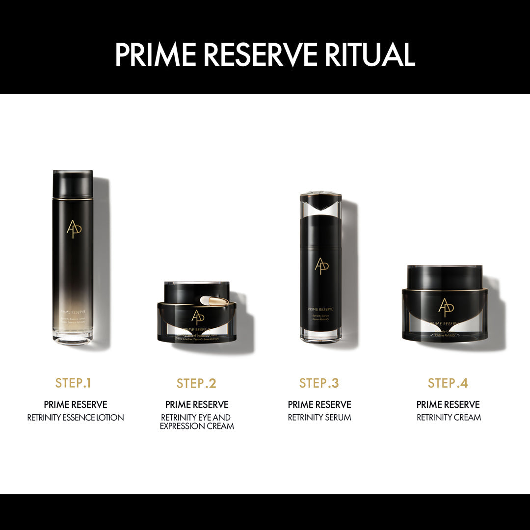 Prime Reserve skincare product set with step-by-step instructions on a white background