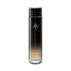 Black skincare bottle with gold logo and text on a white background