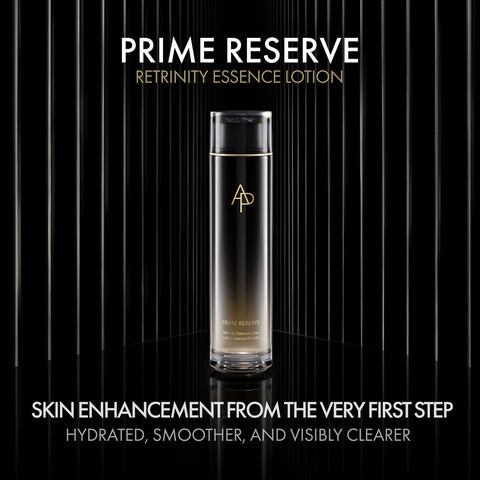 Prime Reserve Retrinity Essence Lotion bottle on a black background with text about skin enhancement.