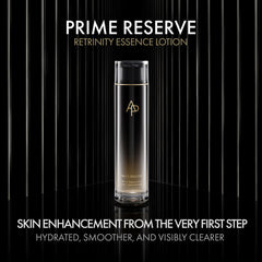 Prime Reserve Retrinity Essence Lotion bottle on a black background with text about skin enhancement.