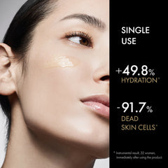 Close-up of a woman's face with skincare product application, showing hydration and dead skin cell reduction statistics.