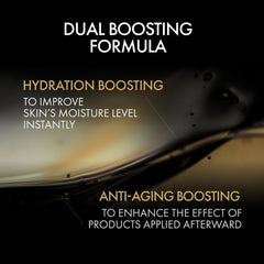 Advertisement for a dual-boosting formula with hydration and anti-aging benefits on a dark background.