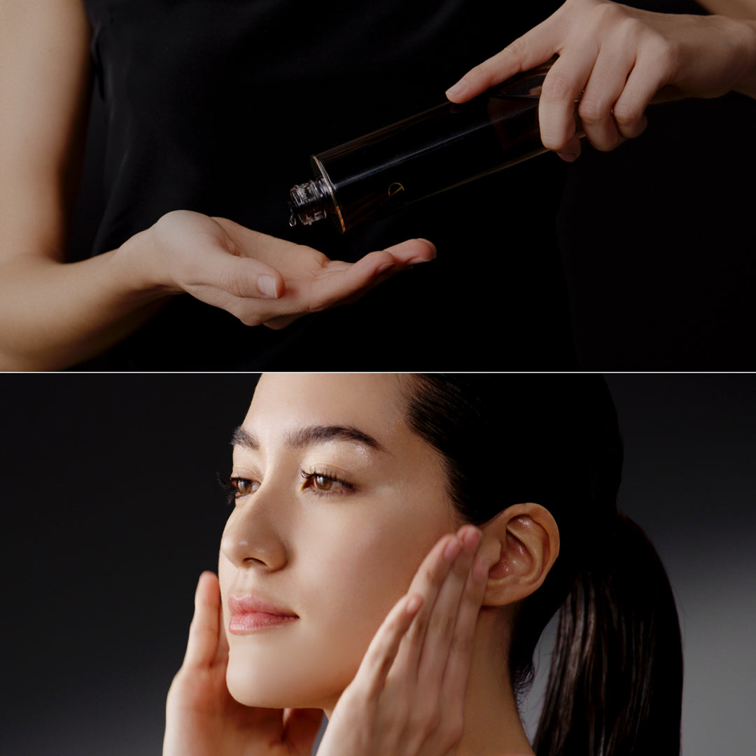 Top image shows a hand holding a black box with a clasp, bottom image shows a woman touching her face.