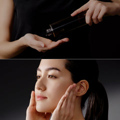 Top image shows a hand holding a black box with a clasp, bottom image shows a woman touching her face.
