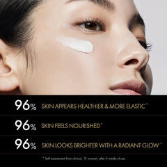 Close-up of a woman's face with skincare product application, featuring text on skin benefits.