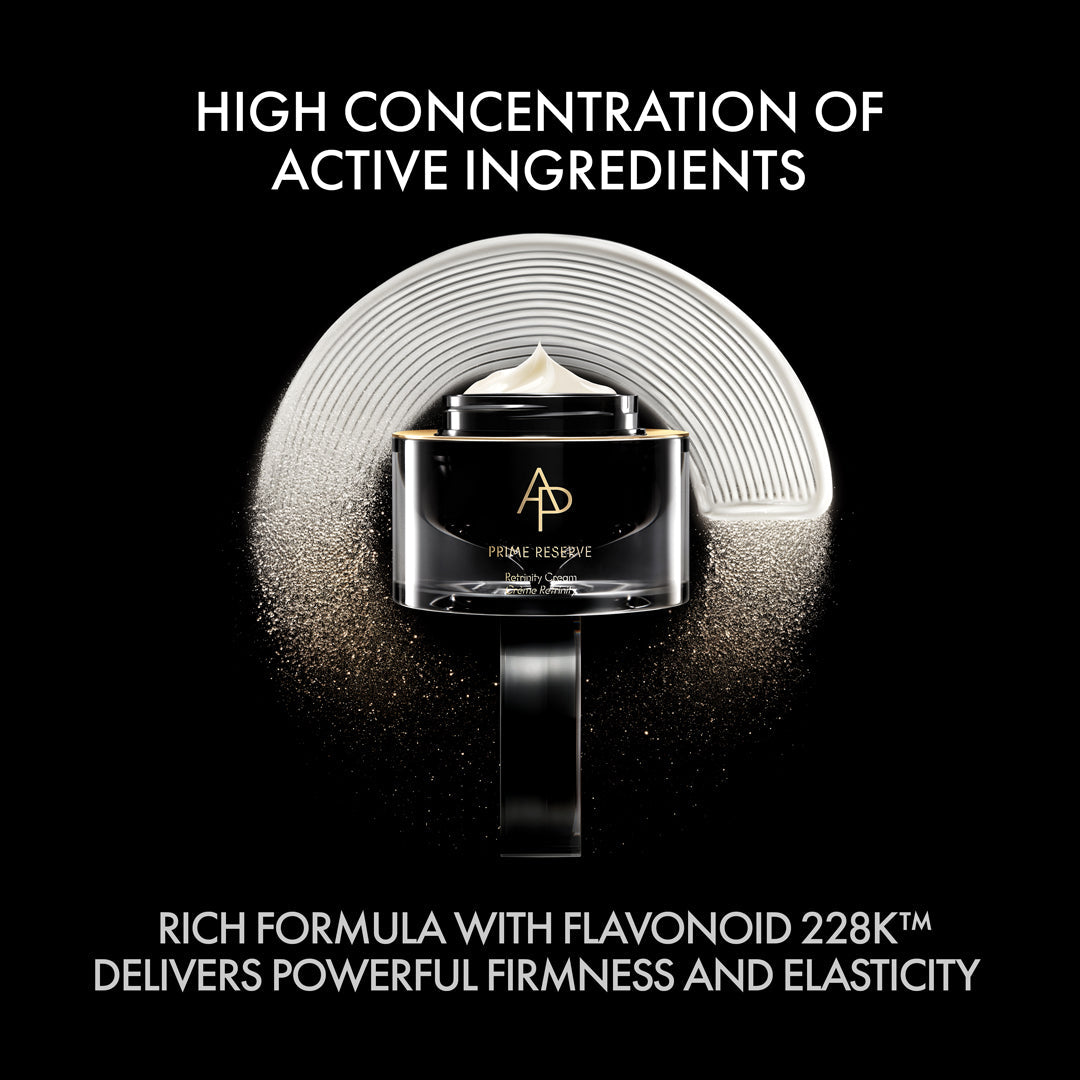 Cosmetic jar with cream on a black background, featuring text about active ingredients and firmness.