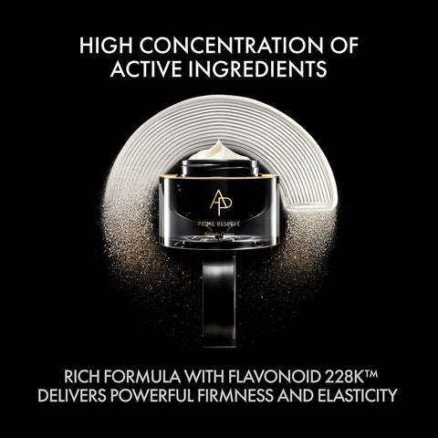 Cosmetic jar with cream on a black background, featuring text about active ingredients and firmness.