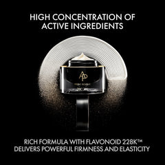 Cosmetic jar with cream on a black background, featuring text about active ingredients and firmness.