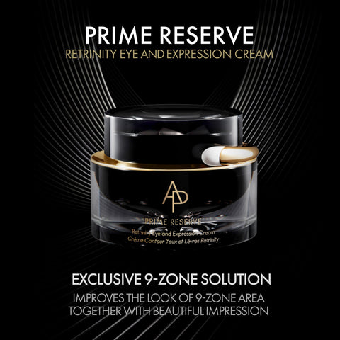 Black jar of Prime Reserve Retrinity Eye and Expression Cream on a dark background